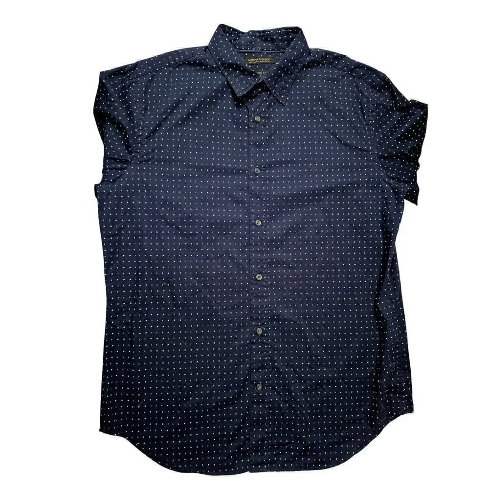 Banana Republic Mens Sz L Custom Wash Shirt Camden Fit Navy Blue Calico